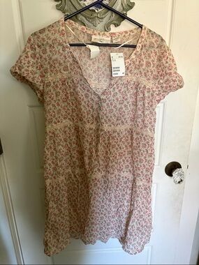 H&M Floral Tiered Short Sleeve Dress - Pink on Cream